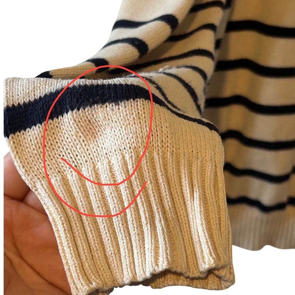 Brandy Melville Preppy Striped Quarter Zip Sweater Beige‎ Navy Cotton  Size XL